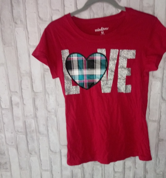 Mix & Co.Love plaid heart short sleeve tee shirt - Picture 2 of 14